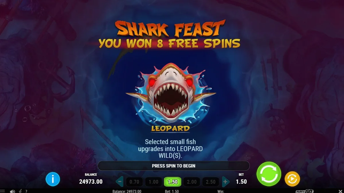 Tampilan visual slot Megadon Triple Threat dengan latar belakang samudra dalam yang gelap dan hiu predator.
