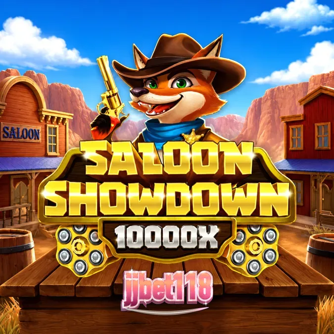 Tampilan antarmuka permainan slot Saloon Showdown 10,000x dengan tema Wild West